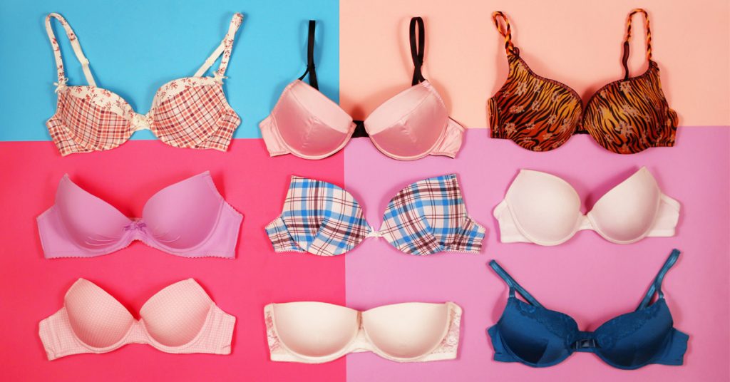Nine bras in different styles, colors, and patterns