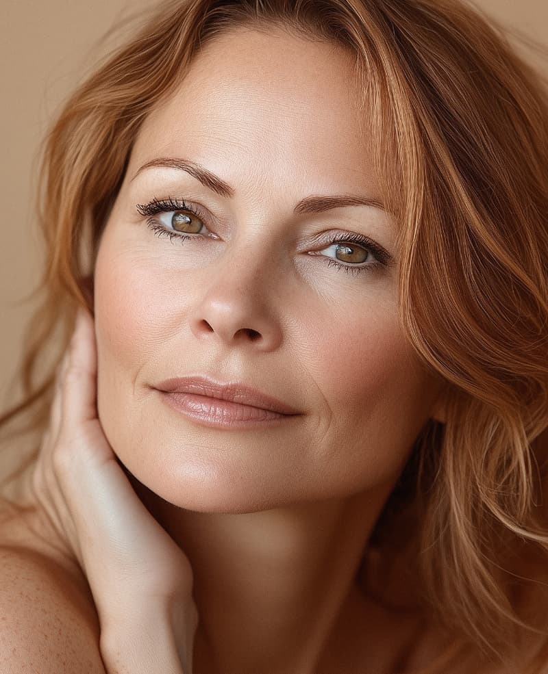 Close-up of a woman’s face showing refreshed, natural-looking skin tone and texture.