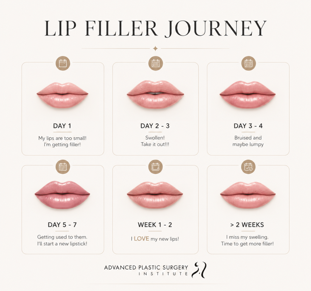 Infographic showing the lip filler recovery timeline from day 1 through two weeks, illustrating normal swelling, bruising, healing, and final results.