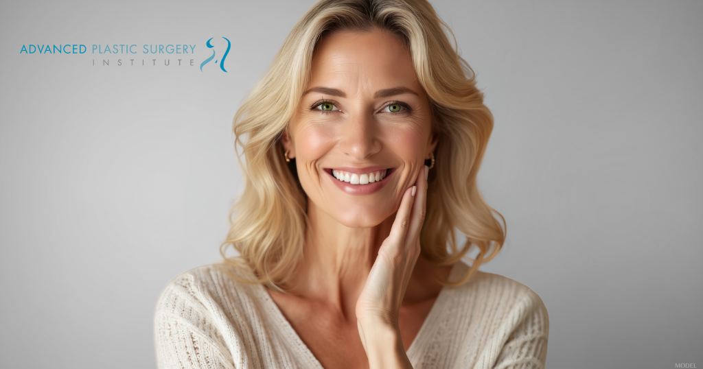 Smiling mature woman touching her cheek, representing nonsurgical facelift treatments tailored to different facial concerns.
